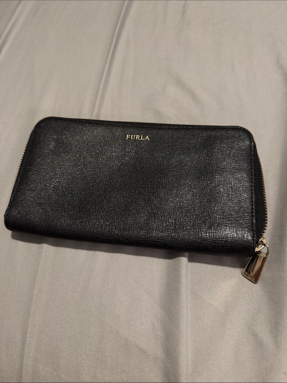 Furla Black Zip-Around Leather Wallet with Gold Hardware
